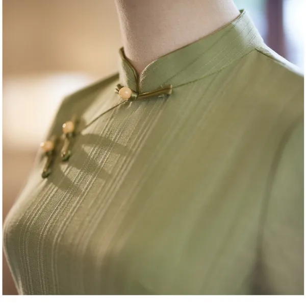 Chinese style Sage Green Tea-length Cheongsam 2024 Trumpet / Mermaid High Neck Short Sleeve