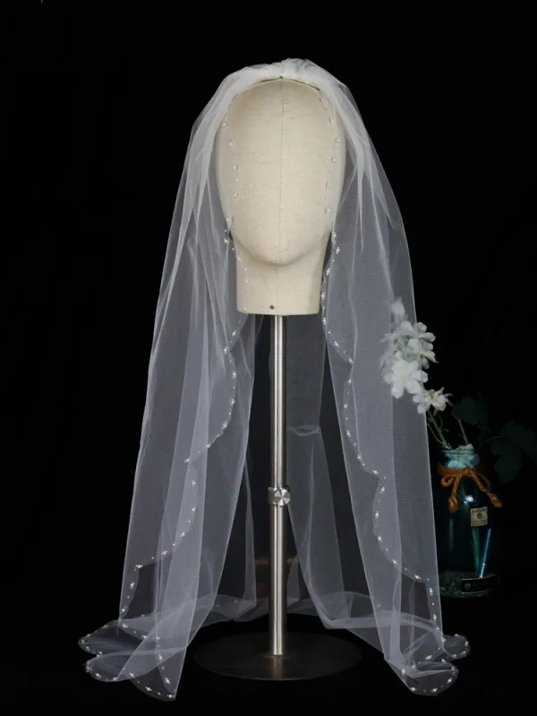 Elegant White Pearl Bridal Wedding Veils 2025 Wedding Tulle