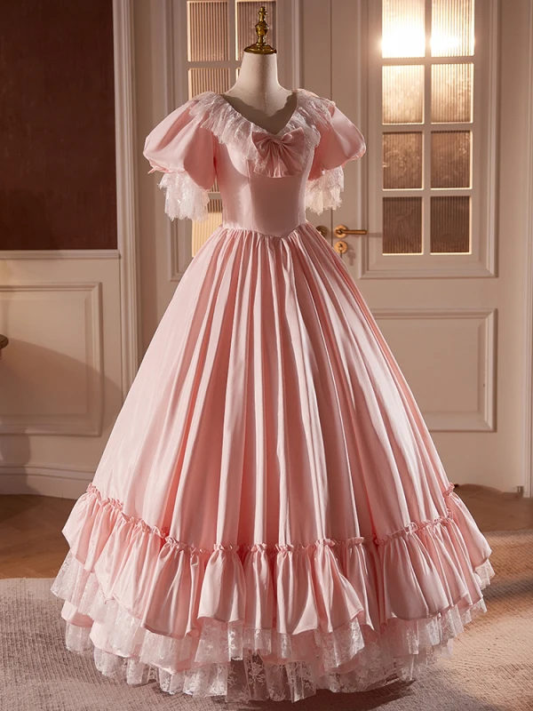 Vintage / Retro Medieval Blushing Pink Prom Dresses 2024 Ball Gown V-Neck Bow Short Sleeve Backless Vintage / Retro Medieval Blushing Pink Prom Dresses 2024 Ball Gown V-Neck Bow Short Sleeve Backless