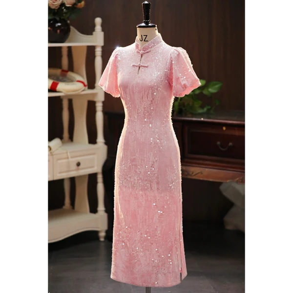 Scintillantes Rougissant Rose Paillettes Soirée Cheongsam 2024 Trompette / Sirène Col Haut Manches Courtes Thé Longueur