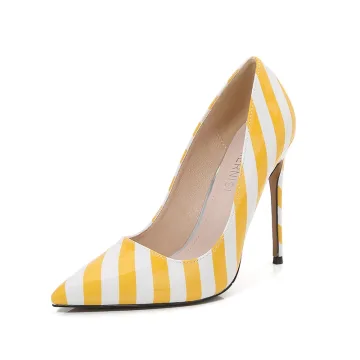 Mode Straatkleding Gele Streep Pumps 2023 12 Cm Naaldhakken Stiletto Spitse Neus Pumps Hoge Hakken