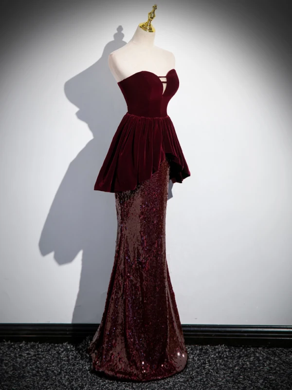 Sexy Burgundy Sequins Evening Dresses 2024 Trumpet / Mermaid Strapless Sleeveless Backless Floor-Length / Long Evening Party Formal Dresses