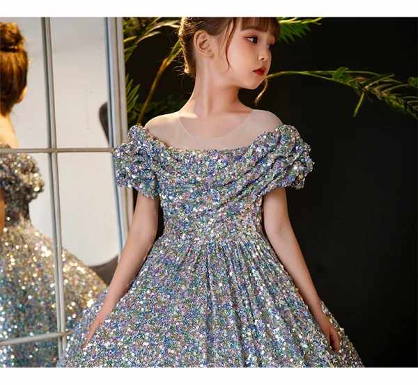 Sparkly Multi-Colors Sequins Birthday Flower Girl Dresses 2024 Ball Gown Scoop Neck Short Sleeve Floor-Length / Long