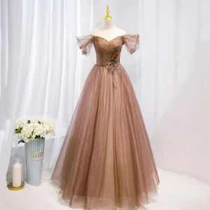 Hermoso Café Rebordear Rhinestone Lentejuelas Vestidos De Gala 2022 A Line Princess Fuera Del Hombro Manga Corta Sin Espalda Largos Gala Vestidos Formales