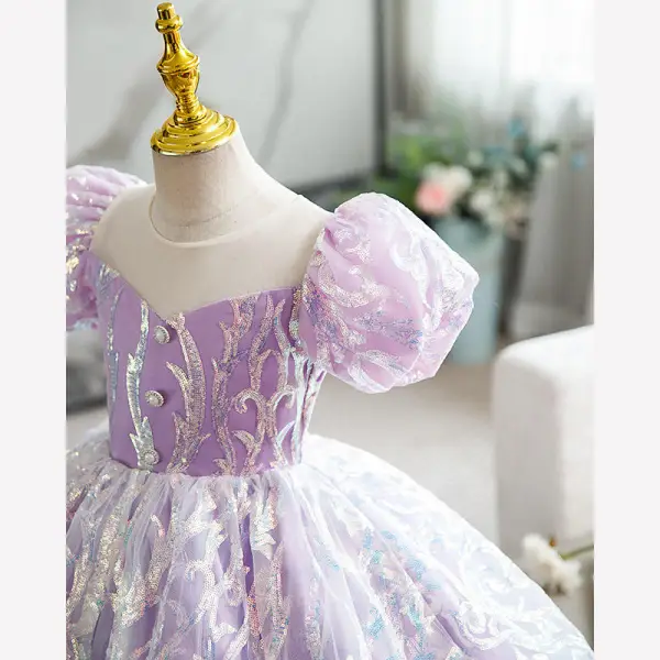 Chic / Beautiful Lavender Pearl Sequins Birthday Flower Girl Dresses 2022 Ball Gown Scoop Neck Puffy Short Sleeve Bow Short Flower Girl Dresses