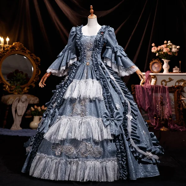 Medieval Vintage / Retro Olive Green Lace Flower Bow Prom Dresses 2025 Ball Gown Square Neckline Bell sleeves Backless Floor-Length / Long Prom Formal Dresses