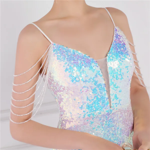 Scintillantes Blanche Laser Paillettes Robe De Soirée 2022 Trompette / Sirène Bretelles Spaghetti Sans Manches Dos Nu Perlage Longue Soirée Robe De Ceremonie
