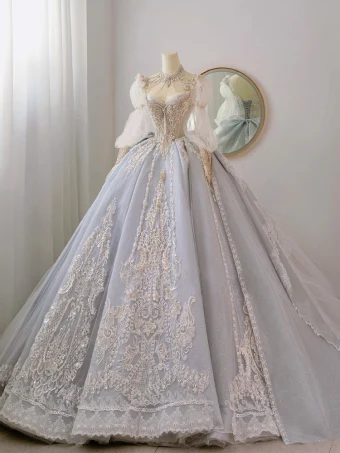 Charmant Blanche Perlage Perle Faux Diamant Paillettes Robe De Mariée 2024 Robe Boule Col Haut Manches De Cloche Dos Nu Noeud Tribunal Train Mariage