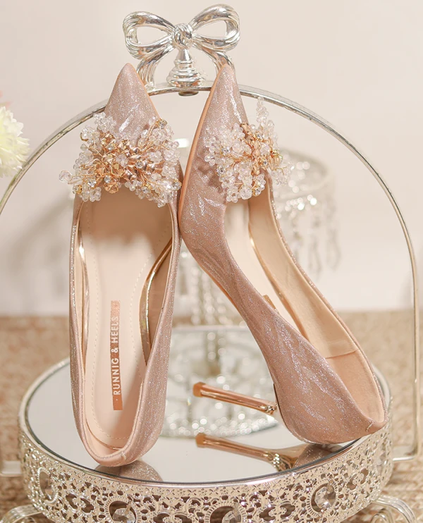 Charmant Champagner Glanz Strass Pailletten Brautschuhe 2023 8 cm Stilettos Spitzschuh Hochzeit Pumps Hochhackige