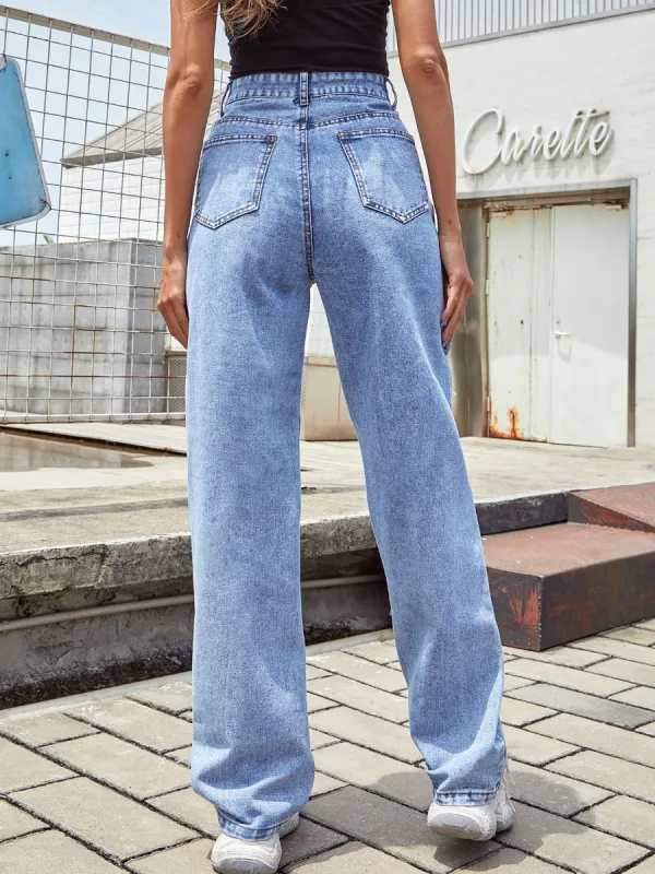 Trasiga Mode Kvinna Himmelsblå Raka Jeans 2021 Broderade Daisy Denim Långa Byxor Lösa Gatukläder Bottoms