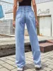 Ripped Fashion Women Sky Blue Straight Jeans 2021 Embroidered Daisy Denim Floor-Length / Long Pants Loose Street Wear Bottoms