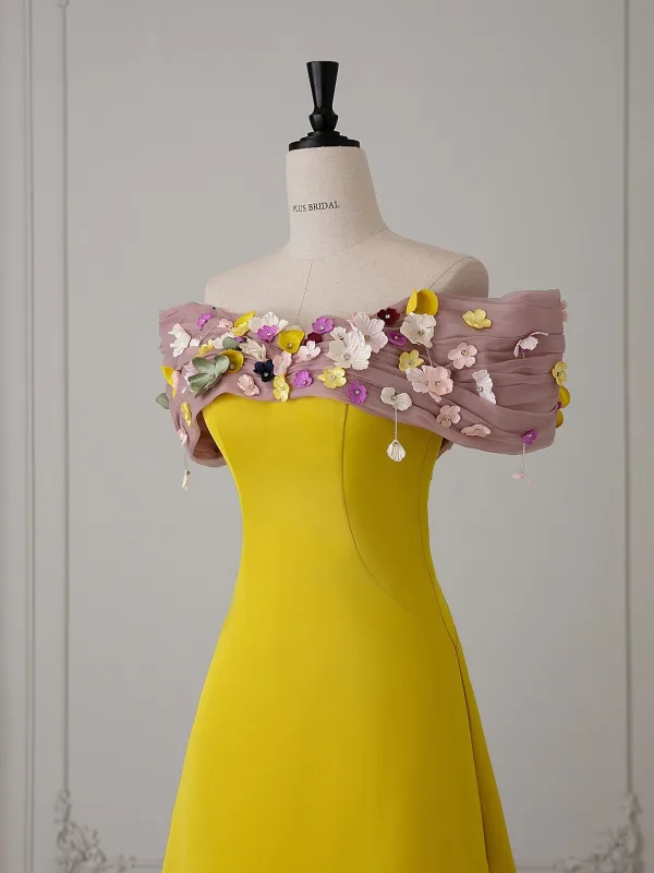 Vintage Gelb Applikationen Ballkleider 2025 A Linie Off Shoulder Kurze Ärmel Rückenfreies Sweep / Pinsel Zug Ball Festliche Kleider