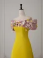 Vintage Gelb Applikationen Ballkleider 2025 A Linie Off Shoulder Kurze Ärmel Rückenfreies Sweep / Pinsel Zug Ball Festliche Kleider