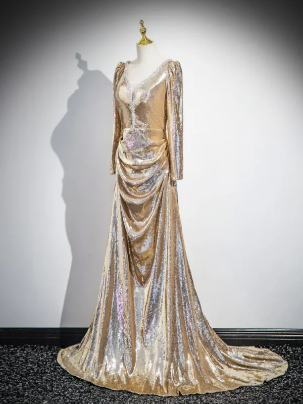 Scintillantes Doré Faux Diamant Paillettes Robe De Soirée 2025 Trompette / Sirène V-Cou Manches Longues Dos Nu Longue Soirée Robe De Ceremonie