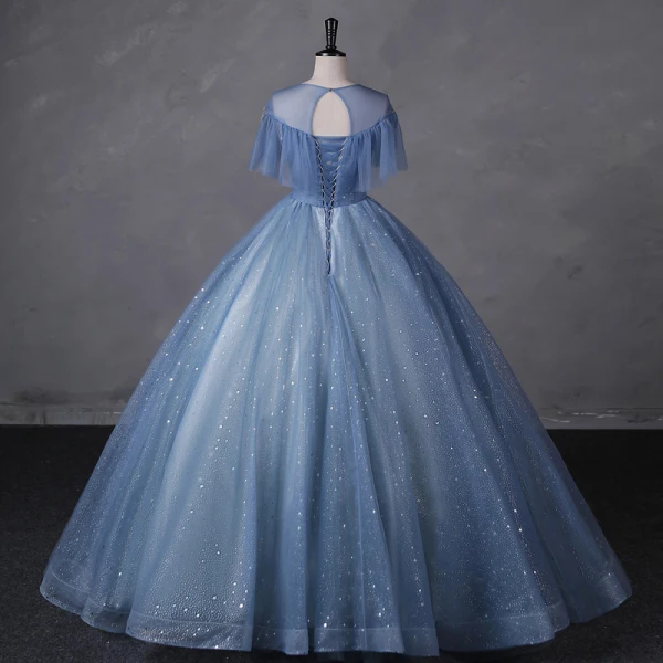 Fashion Sky Blue Glitter Beading Star Sequins Prom Dresses 2023 Ball Gown Scoop Neck Short Sleeve Backless Floor-Length / Long Prom Formal Dresses