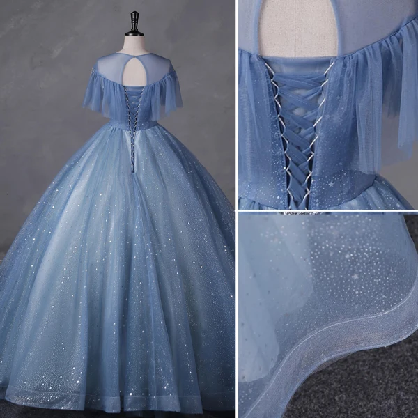 Fashion Sky Blue Glitter Beading Star Sequins Prom Dresses 2023 Ball Gown Scoop Neck Short Sleeve Backless Floor-Length / Long Prom Formal Dresses