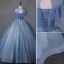 Fashion Sky Blue Glitter Beading Star Sequins Prom Dresses 2023 Ball Gown Scoop Neck Short Sleeve Backless Floor-Length / Long Prom Formal Dresses