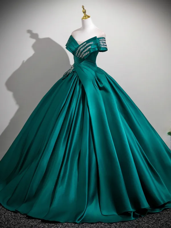 Vintage / Retro Olive Green Beading Sequins Prom Dresses 2025 Ball Gown Off-The-Shoulder Short Sleeve Backless Floor-Length / Long Formal Dresses