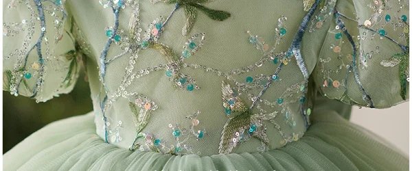 Chic / Beautiful Sage Green Lace Flower Sequins Bow Birthday Short Flower Girl Dresses 2024 Ball Gown Scoop Neck Puffy Short Sleeve