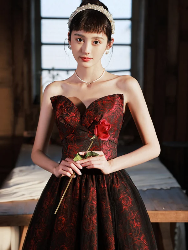 Vintage / Retro Burgundy Printing Prom Dresses 2022 A-Line / Princess Strapless Sleeveless Backless Floor-Length / Long Formal Dresses