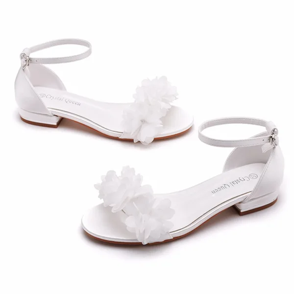 Schöne Weiß Ball Applikationen Sandalen Damen 2023 Knöchelriemen Peeptoes Low Heel Sandaletten Hochhackige