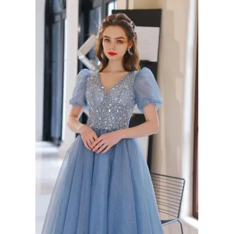 Bling Bling Bleu Ciel Glitter Paillettes Robe De Bal 2022 Princesse V Cou Manches Courtes Dos Nu Longue Robe De Ceremonie