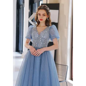 Bling Bling Bleu Ciel Glitter Paillettes Robe De Bal 2022 Princesse V Cou Manches Courtes Dos Nu Longue Robe De Ceremonie