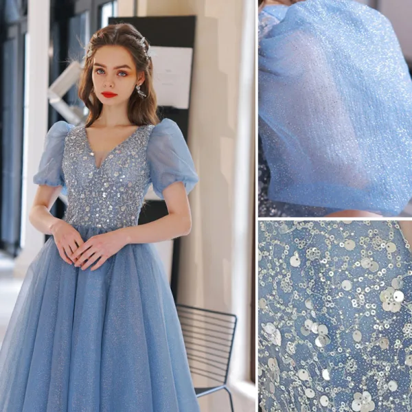 Bling Bling Himmelblau Glanz Pailletten Ballkleider 2022 A Linie V-Ausschnitt Kurze Ärmel Rückenfreies Lange Festliche Kleider