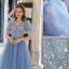 Bling Bling Himmelblau Glanz Pailletten Ballkleider 2022 A Linie V-Ausschnitt Kurze Ärmel Rückenfreies Lange Festliche Kleider
