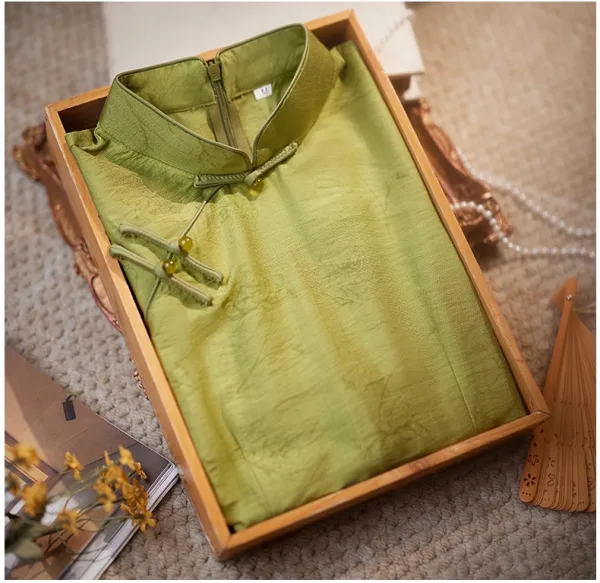 Chinese style Clover Green Summer Tea-length Cheongsam Trumpet / Mermaid 2024 High Neck Short Sleeve