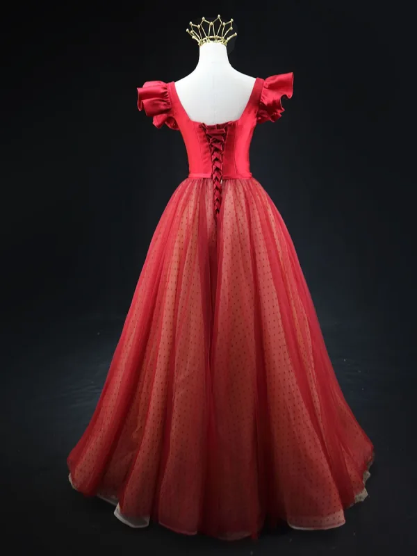 Chic / Beautiful Burgundy Dot Bow Sash Prom Dresses 2025 A-Line / Princess Square Neckline Short Sleeve Backless Floor-Length / Long Prom Formal Dresses