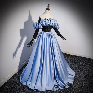 Élégant Bleu Ciel Satin Robe De Bal 2023 Princesse Bustier Sans Manches Dos Nu Longue Promo Robe De Ceremonie