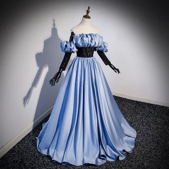 Élégant Bleu Ciel Satin Robe De Bal 2023 Princesse Bustier Sans Manches Dos Nu Longue Promo Robe De Ceremonie