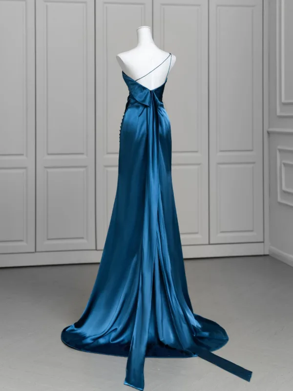 Vintage / Retro Ocean Blue Evening Dresses 2025 Trumpet / Mermaid One-Shoulder Sleeveless Backless Sweep Train Evening Party Formal Dresses