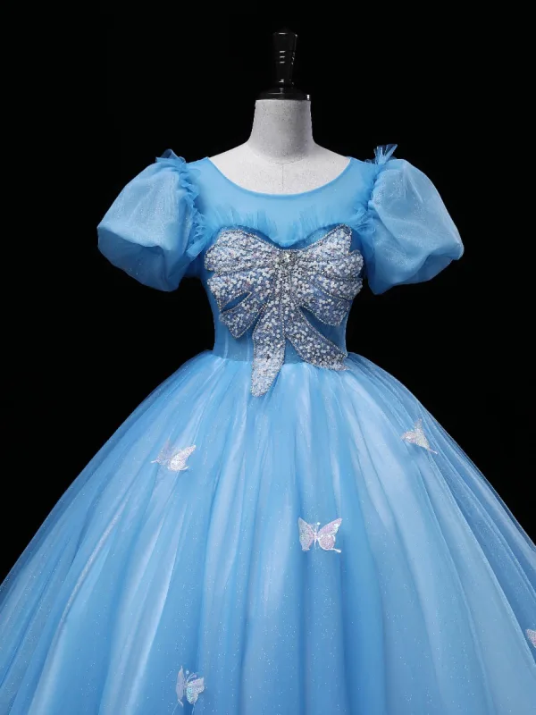 Chic / Beautiful Sky Blue Glitter Prom Dresses 2023 Ball Gown Scoop Neck Sequins Butterfly Beading Pearl Puffy Short Sleeve Backless Floor-Length / Long Prom