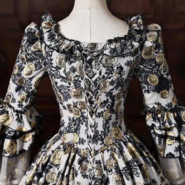 Vintage / Retro Medieval Black Printing Rhinestone Halloween Prom Dresses 2026 Ball Gown Square Neckline Bell sleeves Floor-Length / Long Formal Dresses