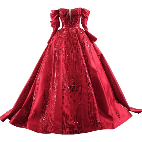 High-end Fashion Red Beading Sequins Prom Dresses 2023 Ball Gown Off-The-Shoulder 3/4 Sleeve Backless Sweep Train Formal Dresses