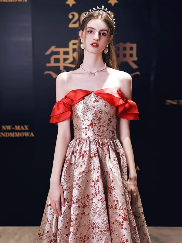 Fashion Red Flower Party Dresses 2023 A-Line / Princess Off-The-Shoulder Short Sleeve Backless Tea-length Cocktail Party Evening Party Formal Dresses
