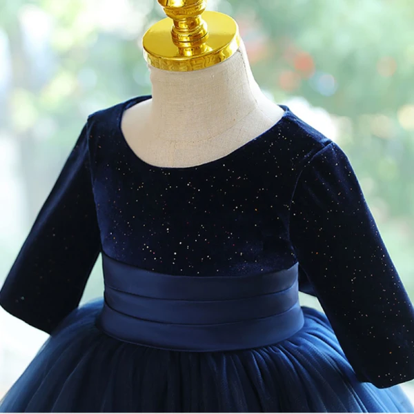 Vintage / Retro Navy Blue Sequins Birthday Flower Girl Dresses 2023 Ball Gown Scoop Neck Bow 3/4 Sleeve Floor-Length / Long Flower Girl Dresses