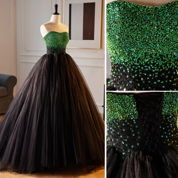 Sexy Green Sequins Prom Dresses 2023 Ball Gown Strapless Sleeveless Backless Floor-Length / Long Prom Formal Dresses