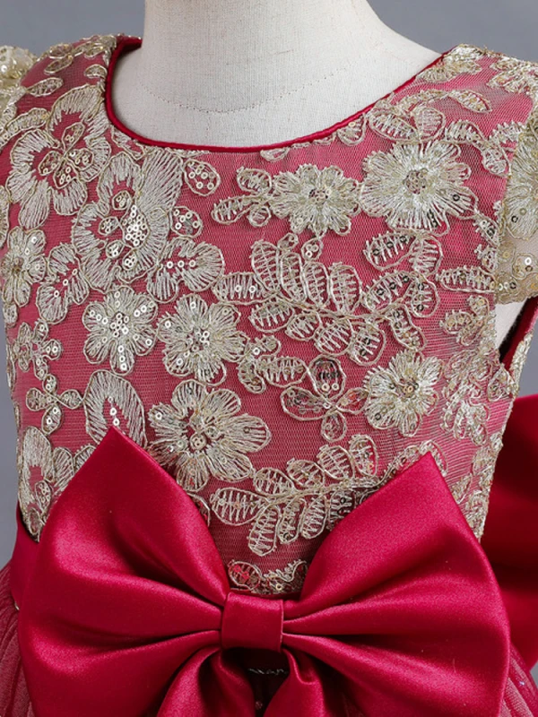 Chic / Belle Bordeaux Paillettes En Dentelle Fleur Anniversaire Robe Ceremonie Fille 2024 Robe Boule Encolure Dégagée Mancherons Noeud Ceinture Longue