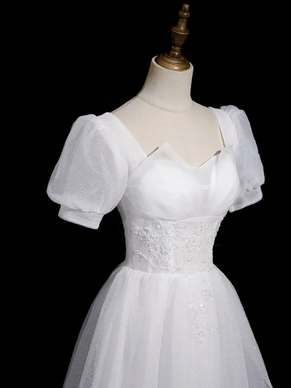 Chic / Beautiful White Beading Sequins Prom Dresses A-Line / Princess 2023 Square Neckline Short Sleeve Backless Floor-Length / Long Prom Dresses Formal Dresses