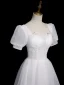 Chic / Beautiful White Beading Sequins Prom Dresses A-Line / Princess 2023 Square Neckline Short Sleeve Backless Floor-Length / Long Prom Dresses Formal Dresses