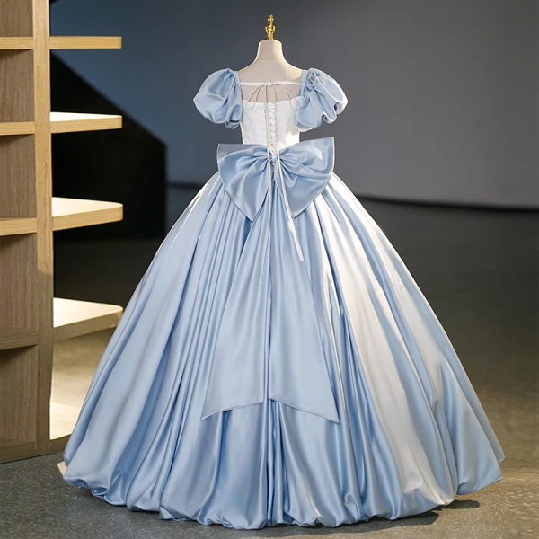 Elegant Sky Blue Satin Prom Dresses 2023 Ball Gown Square Neckline Puffy Short Sleeve Backless Bow Floor-Length / Long Prom Formal Dresses