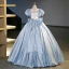 Elegant Sky Blue Satin Prom Dresses 2023 Ball Gown Square Neckline Puffy Short Sleeve Backless Bow Floor-Length / Long Prom Formal Dresses