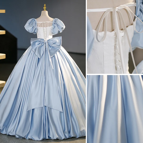 Elegant Sky Blue Satin Prom Dresses 2023 Ball Gown Square Neckline Puffy Short Sleeve Backless Bow Floor-Length / Long Prom Formal Dresses