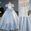 Elegant Sky Blue Satin Prom Dresses 2023 Ball Gown Square Neckline Puffy Short Sleeve Backless Bow Floor-Length / Long Prom Formal Dresses