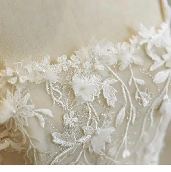High-end Champagne Handmade Lace Flower Wedding Dresses 2026 A-Line / Princess Spaghetti Straps Sleeveless Backless Floor-Length / Long Wedding