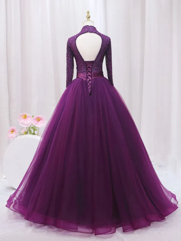 Vintage / Retro Purple Beading Sequins Prom Dresses 2024 Ball Gown High Neck Long Sleeve Backless Floor-Length / Long Prom Formal Dresses