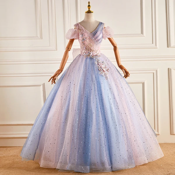 Chic / Beautiful Gradient-Color Pearl Sequins Lace Flower Prom Dresses 2022 Ball Gown V-Neck Short Sleeve Backless Bow Floor-Length / Long Prom Formal Dresses